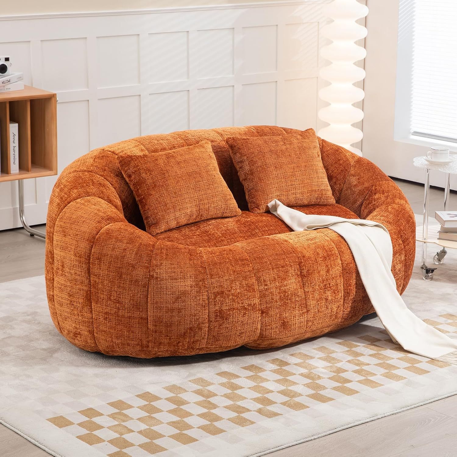 Oval Bean Bag Sofa, Chenille Upholstered Bean Bag Chair with Pillows, Padded Lazy Sofa with Tufted Backrest, Stuffed Bean Bag Couch with Thick Cushion