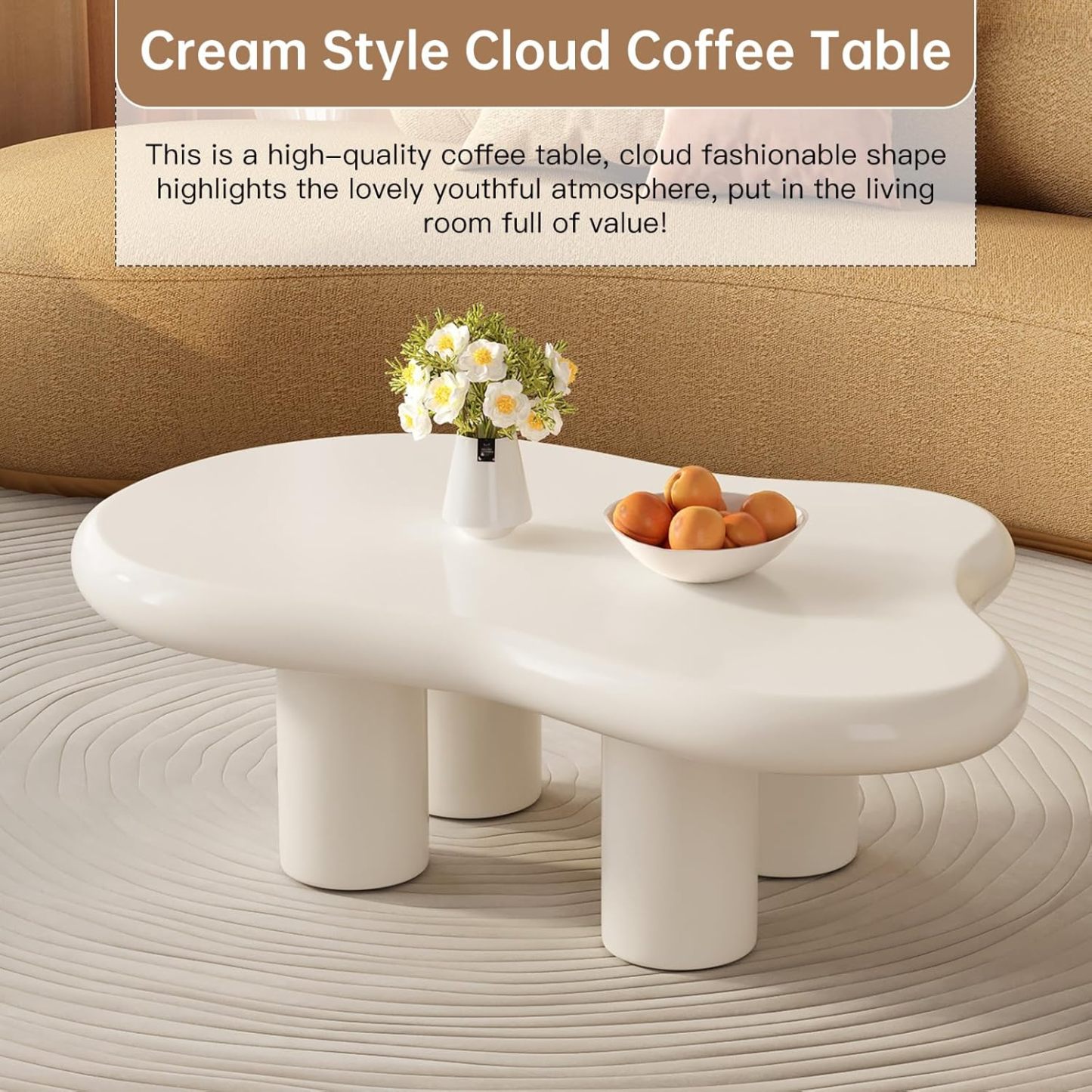 41.02" White Cloud Coffee Table, Modern Round Edge Coffee Table with 4 Sturdy Support Legs and 2.67" Thick Tabletop,Easy Match for Living Room