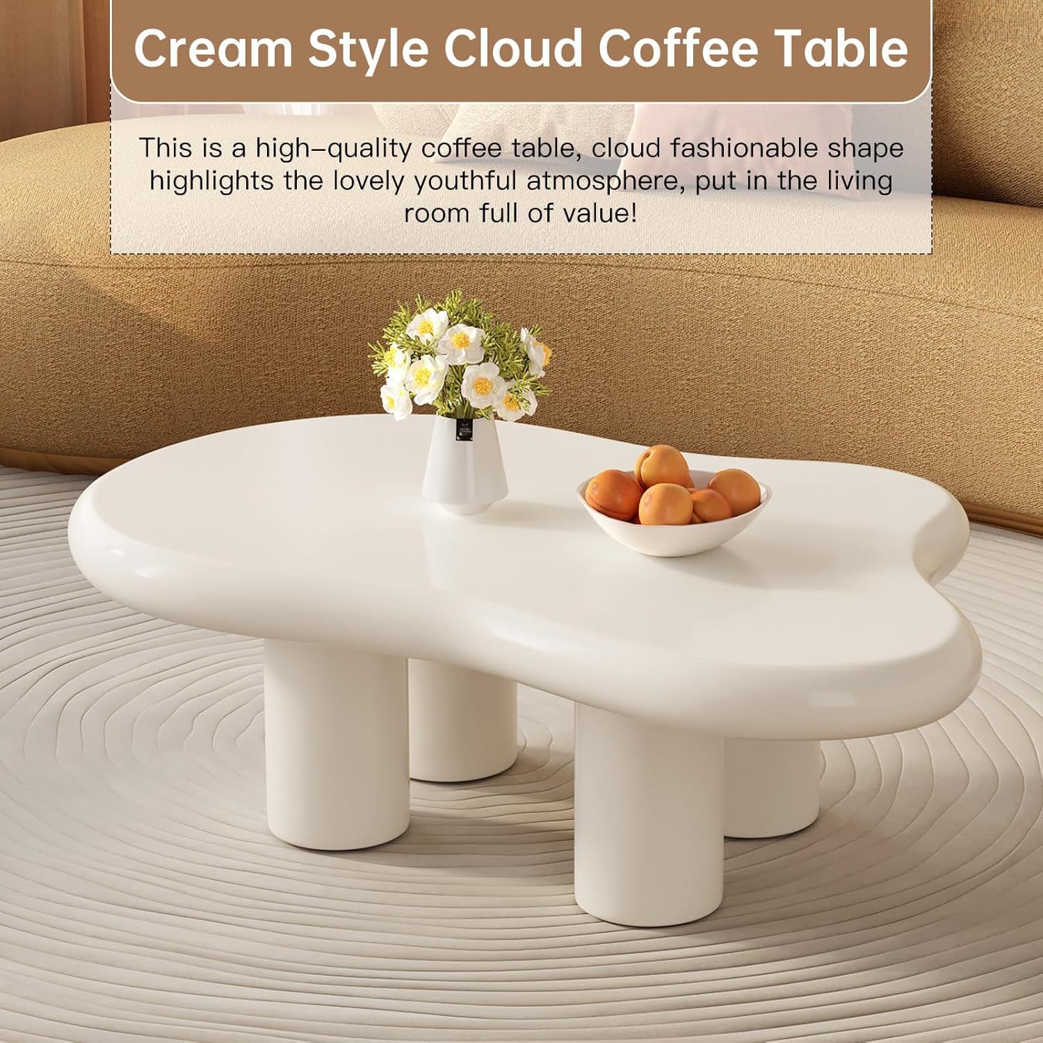 41.02" White Cloud Coffee Table, Modern Round Edge Coffee Table with 4 Sturdy Support Legs and 2.67" Thick Tabletop,Easy Match for Living Room