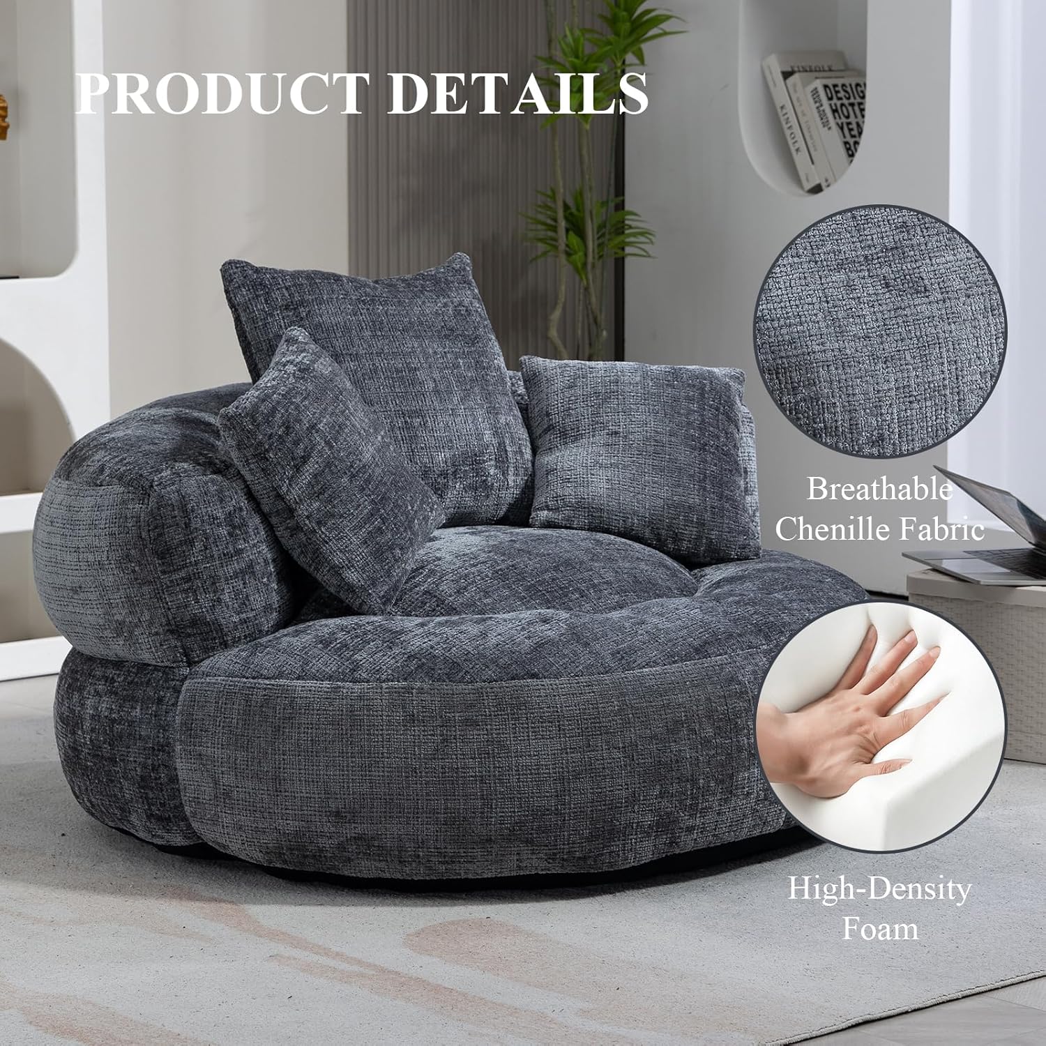 Round Bean Bag Chair for Adult, Chenille Upholstered Bean Bag Sofa with Pillows, Giant Bean Bag Couch