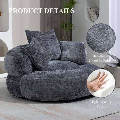 Round Bean Bag Chair for Adult, Chenille Upholstered Bean Bag Sofa with Pillows, Giant Bean Bag Couch