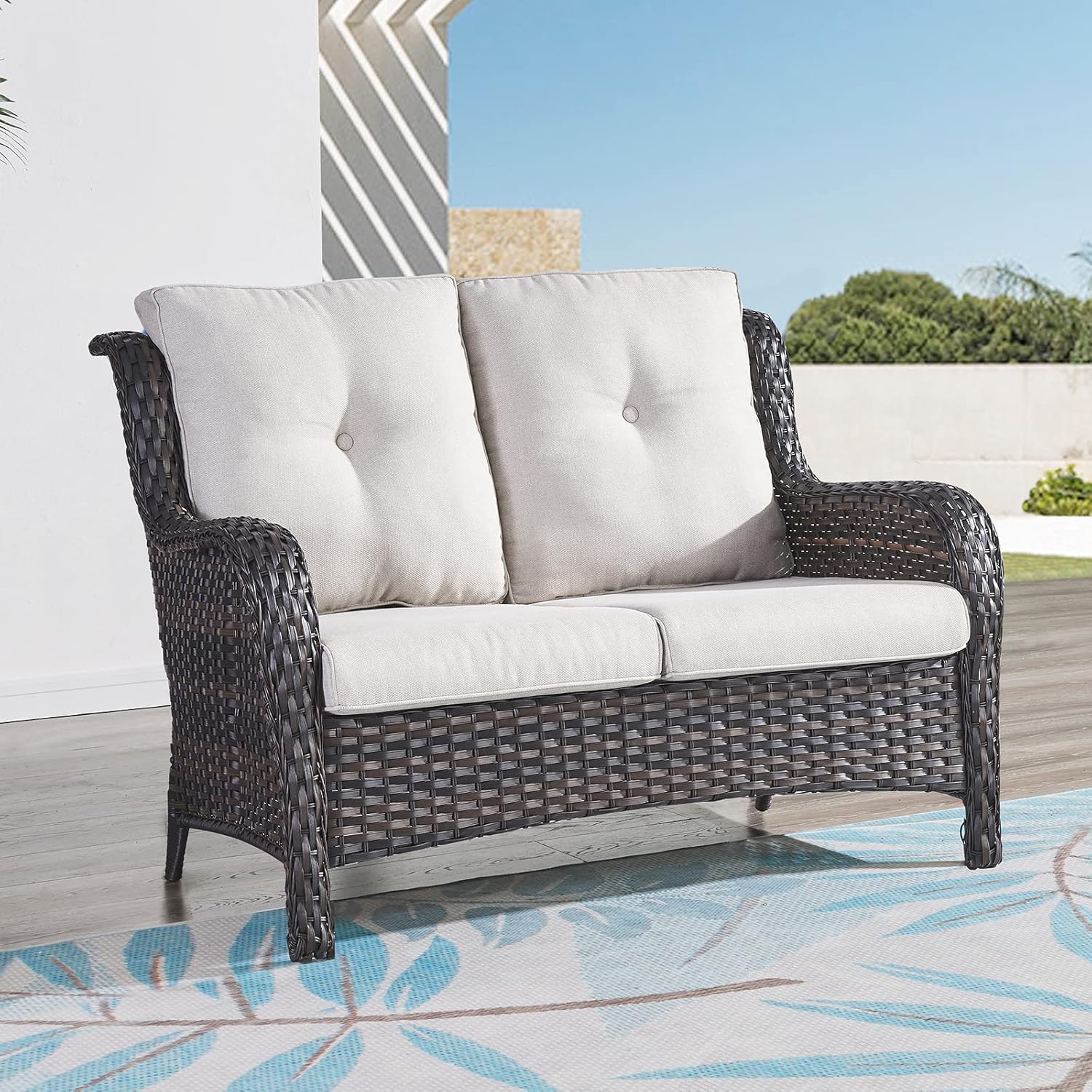 Outdoor Loveseat Sofa 2-Seat PE Rattan Patio Love Seat with Cushions,Deep Seat High Curved Back Armset Sectional Couch for Patio,Garden,Yard,Porch
