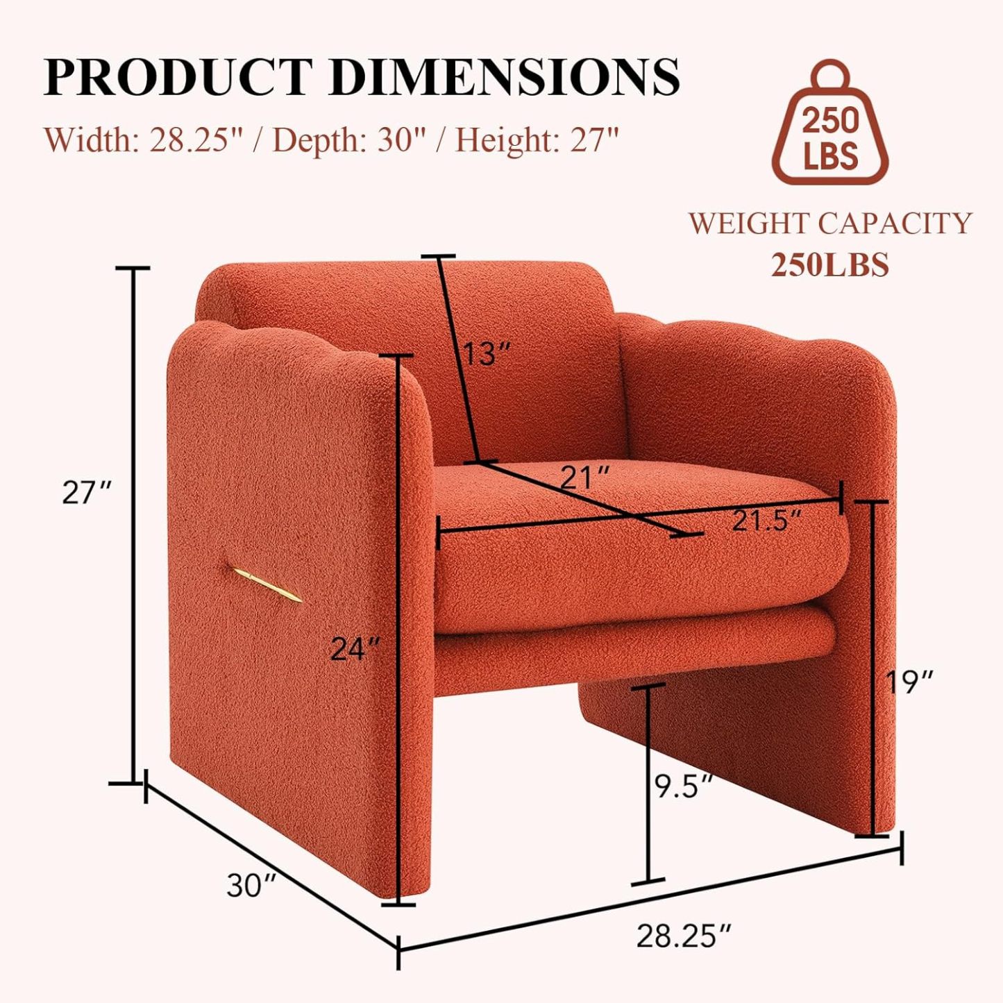Wide Accent Chair, Teddy Upholstered Single Sofa Chair with Straight Armrest, Padded Armchair with Metal Decor, Soft Accent Arm Chair
