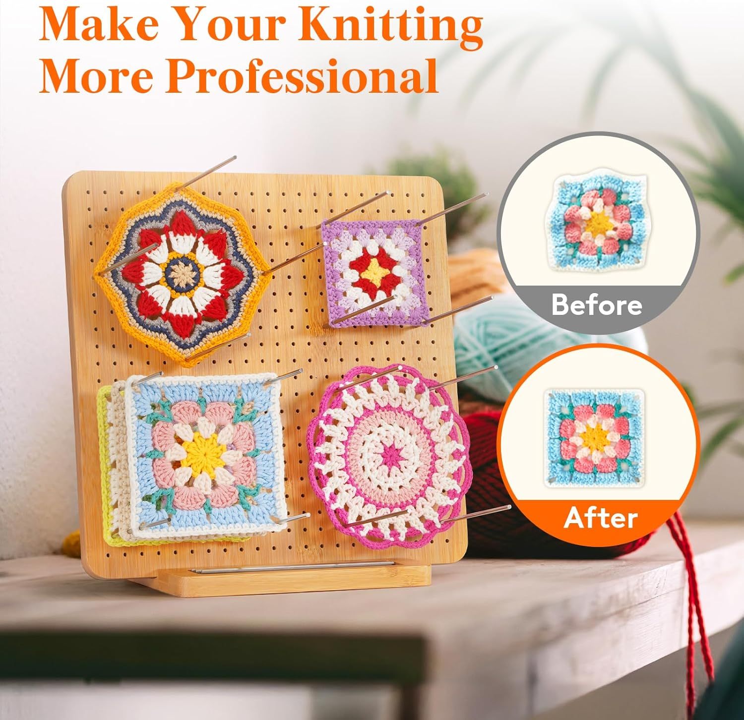 11.8" Crochet Blocking Board with 20 Pegs, Bamboo Granny Square Blocking Board for Knitting and Crochet Projects