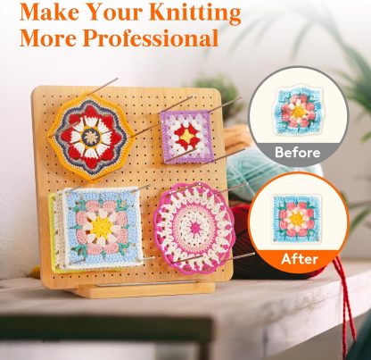 11.8" Crochet Blocking Board with 20 Pegs, Bamboo Granny Square Blocking Board for Knitting and Crochet Projects