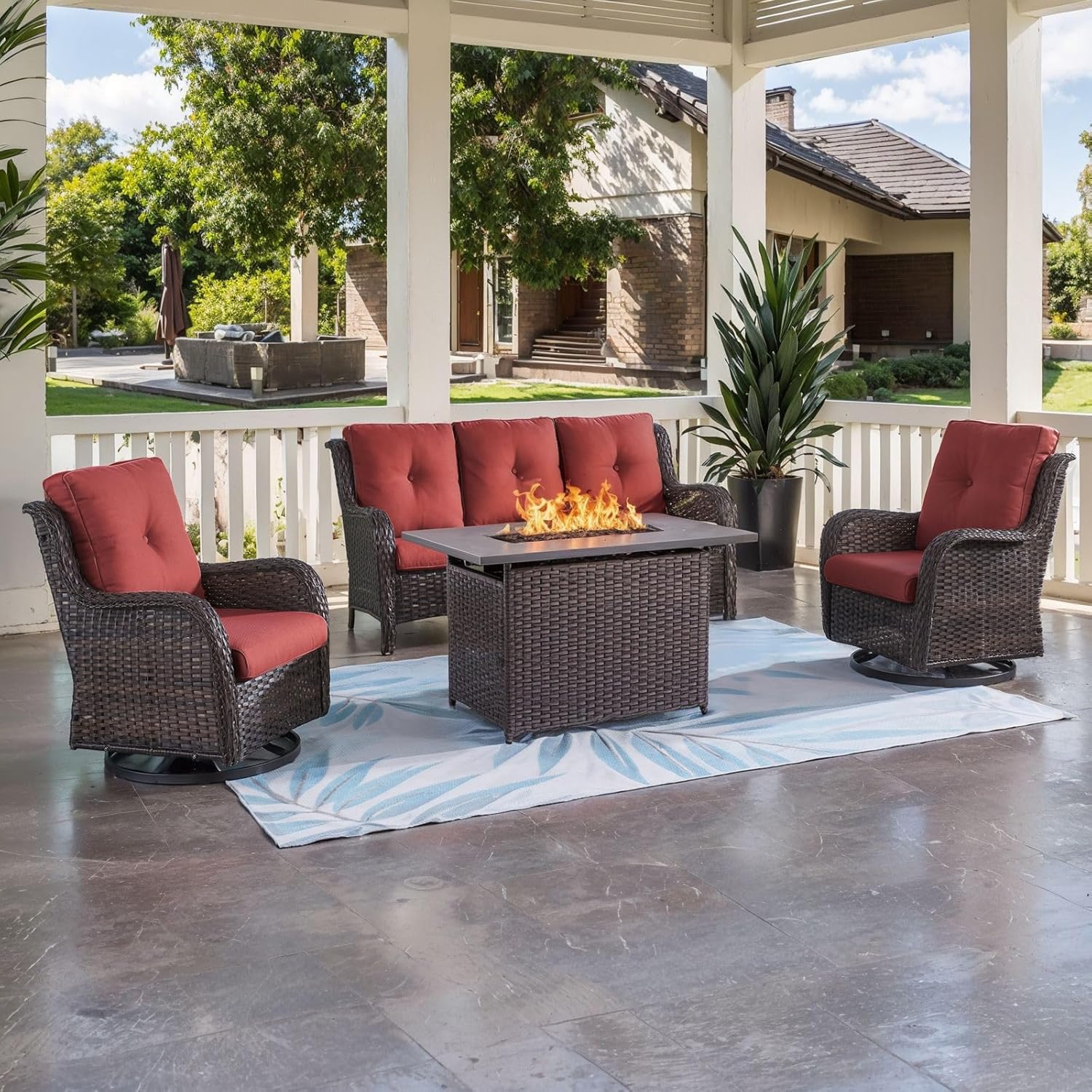 Outdoor Patio Furniture with Fire Pit Table Outdoor Conversation Set PE Wicker Patio Couch Swivel Glider Chairs