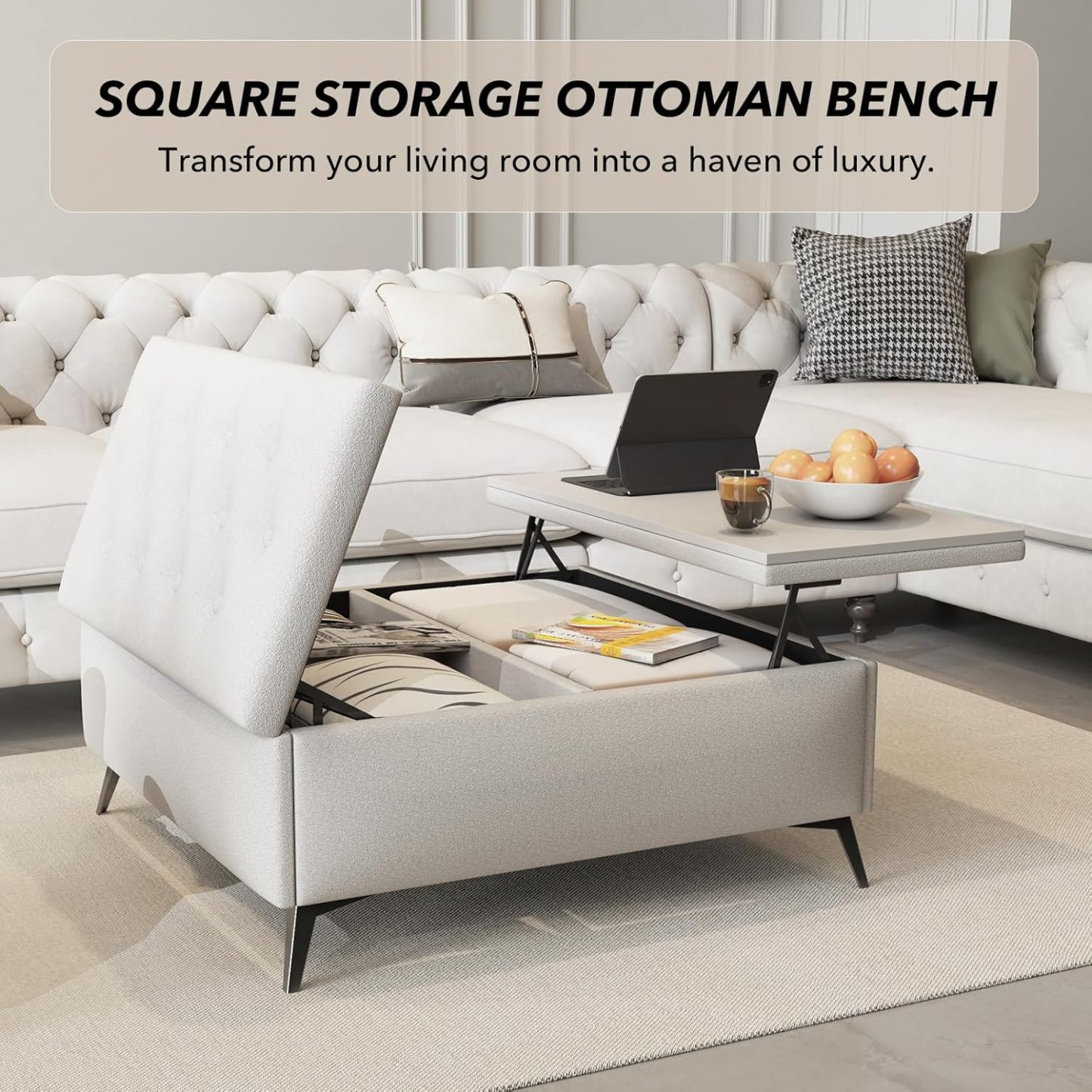 Square Storage Ottoman Bench, Linen Upholstered Coffee Table with Lift Top, Oversized End Bed Bench with Metal Legs