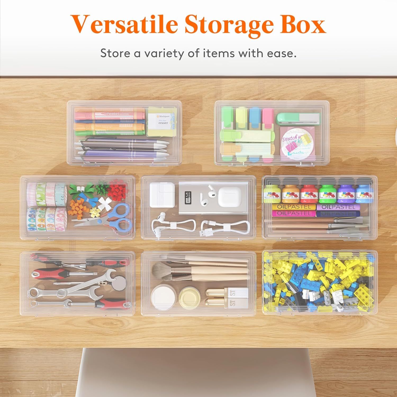 Plastic Pencil Box with Snap-tight Lid, Large Capacity Hard Pencil Case, Craft organizer for Art Supply,Office, 4 Pack