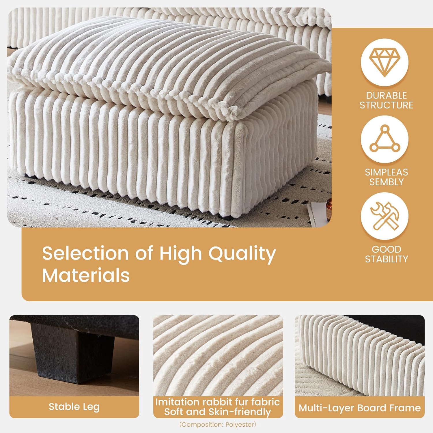 White Corduroy Pouf Ottoman, Small Foot Stools Ottoman with Soft and Poofy Mat for Living Room, Bedroom (White, Ottoman)