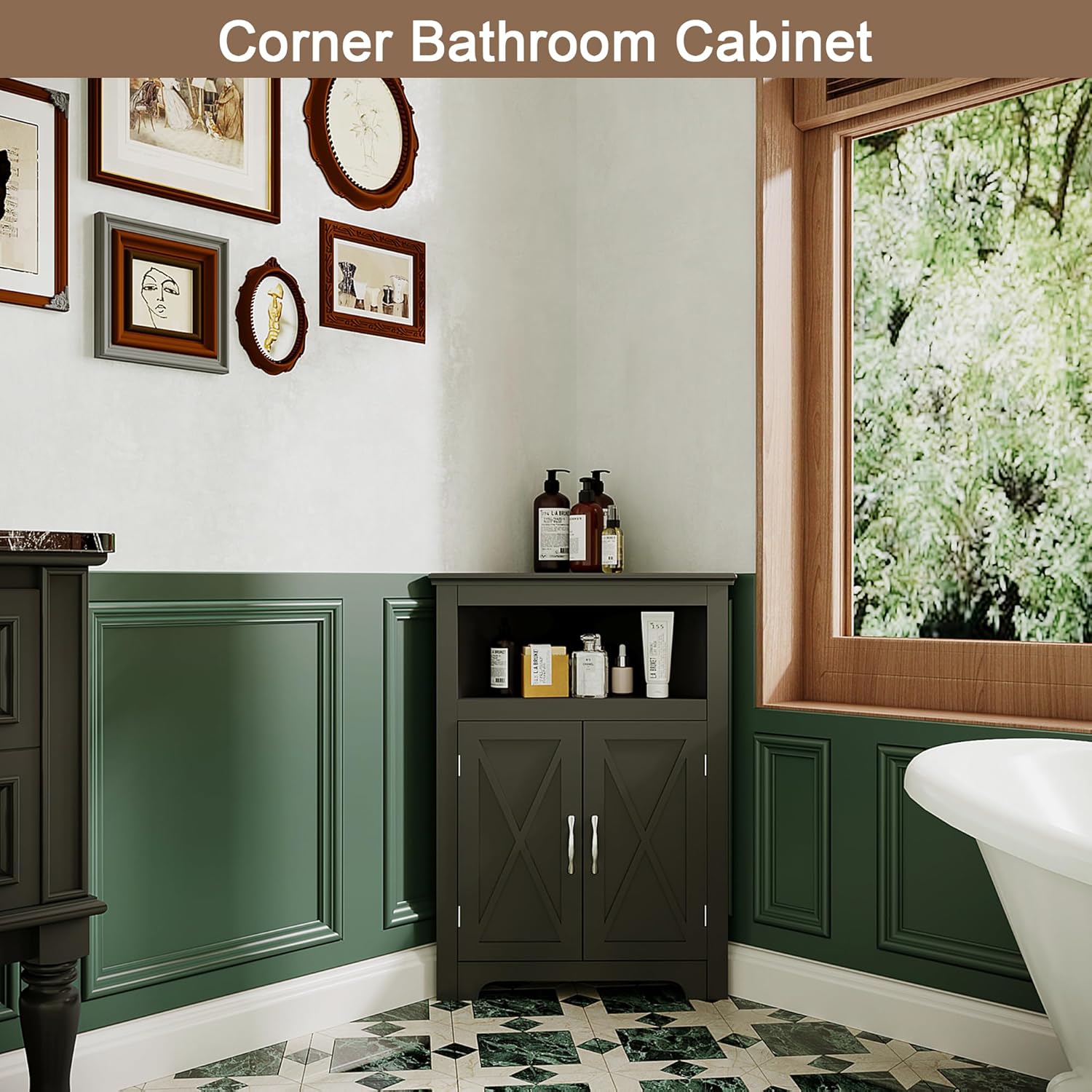 Corner Storage Cabinet, Small Corner Cabinet with Barn Door Design and Adjustable Shelf