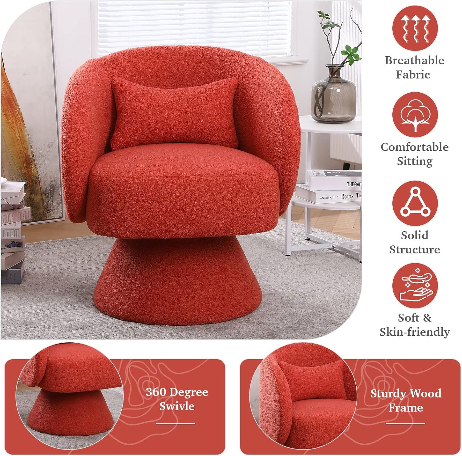 Swivel Barrel Chair, Teddy Accent Sofa Chair, Club Chair with Pillow, Arm Chair with Flared Base