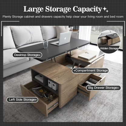 3 in 1 Functional Coffee Table, 47" Brown Lift Top Coffee Table with 4 Stools Underneath, Movable Wheel