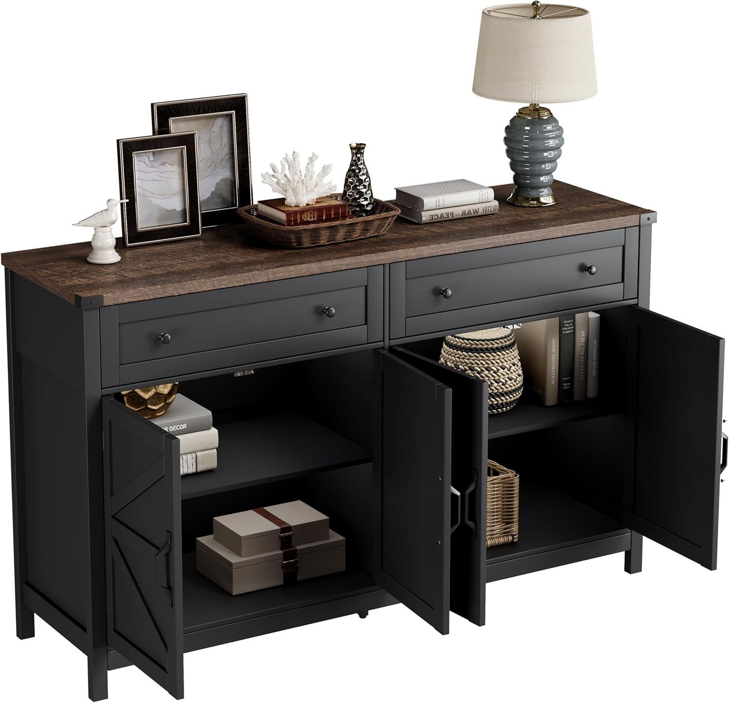 Sideboard Buffet Cabinet with Storage, Buffet Storage Cabinet with 2 Drawers and 4 Barn Doors