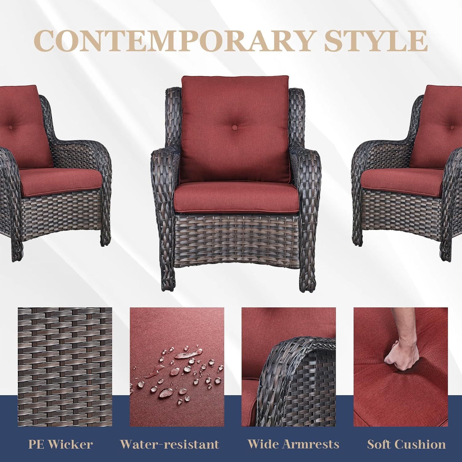 3 Pieces Patio Bistro Set Wicker Patio Chairs Set of 2 with Tempered Glass Top Side Table Rattan Outdoor Furniture Conversation Set