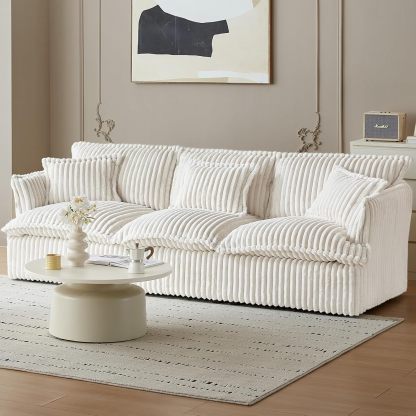 101" Spacious Corduroy Futon Couch, 3 Seater White Cloud Couch, Comfy Soft Sofa, Modern Corduroy Couch for Bedroom, 2 Seater Floor Couch for Living Room, Memory Foam Couch(White, 3 Seater)