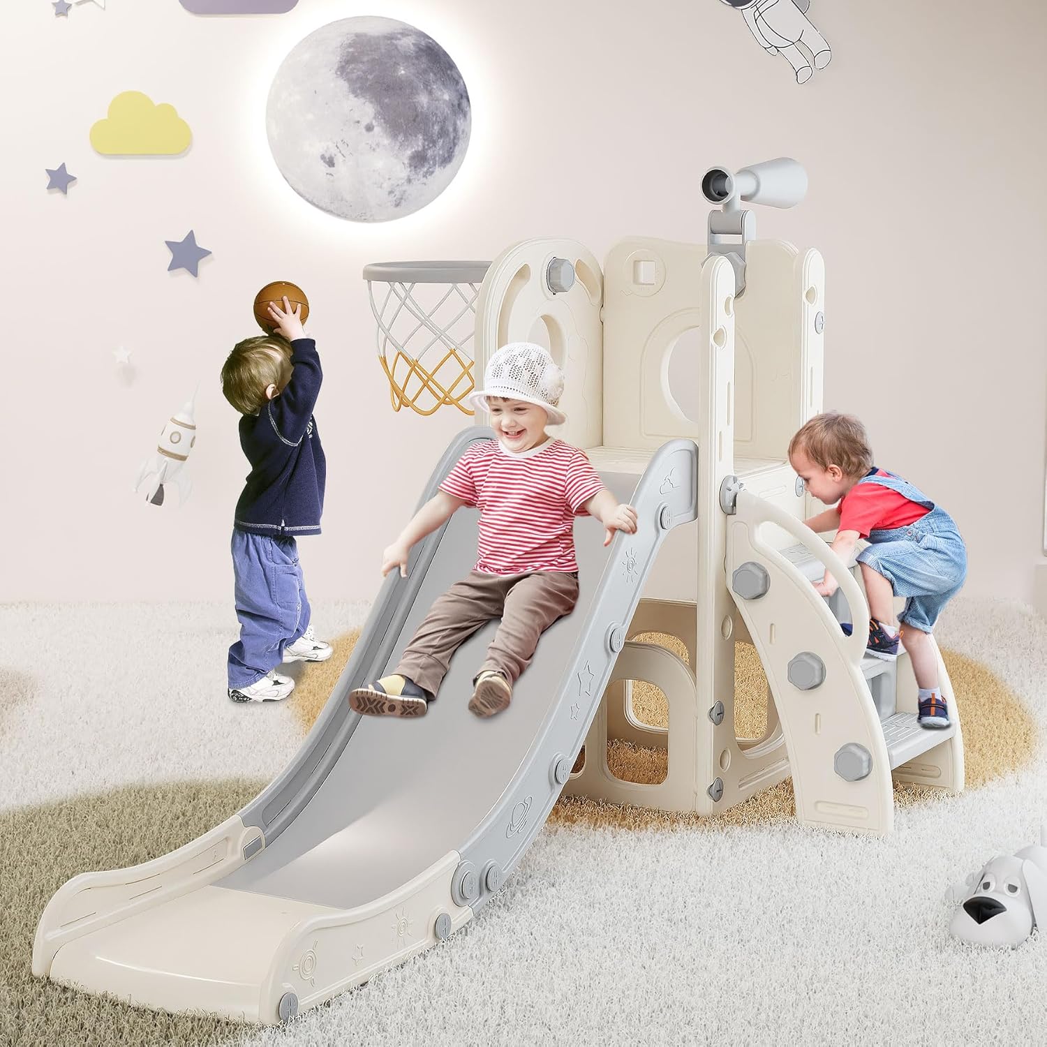 6 in 1 Kids Indoor Slide for Toddlers 1-3, Baby Indoor and Outdoor Climber Playset, Kids Slide with Basketball Hoop and Telescope