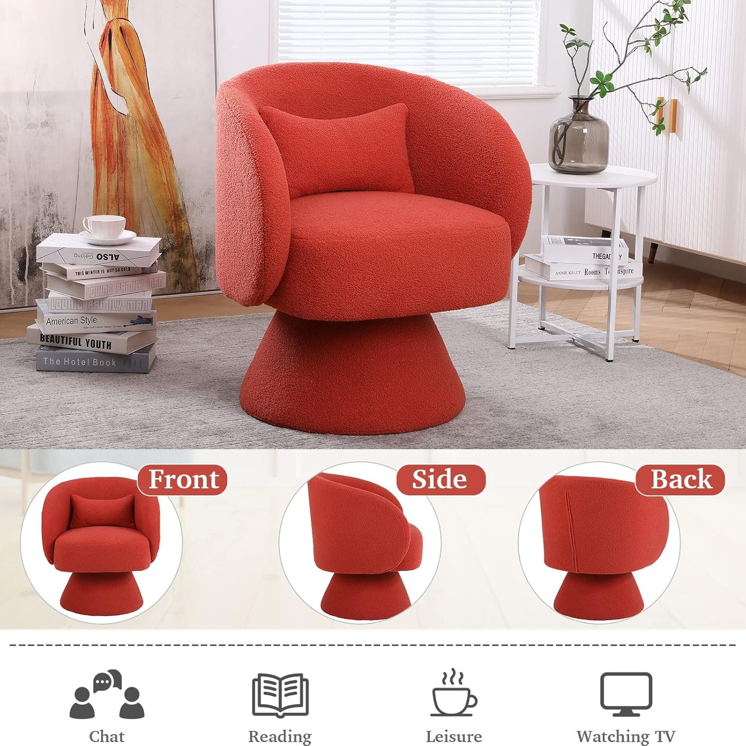 Swivel Barrel Chair, Teddy Accent Sofa Chair, Club Chair with Pillow, Arm Chair with Flared Base