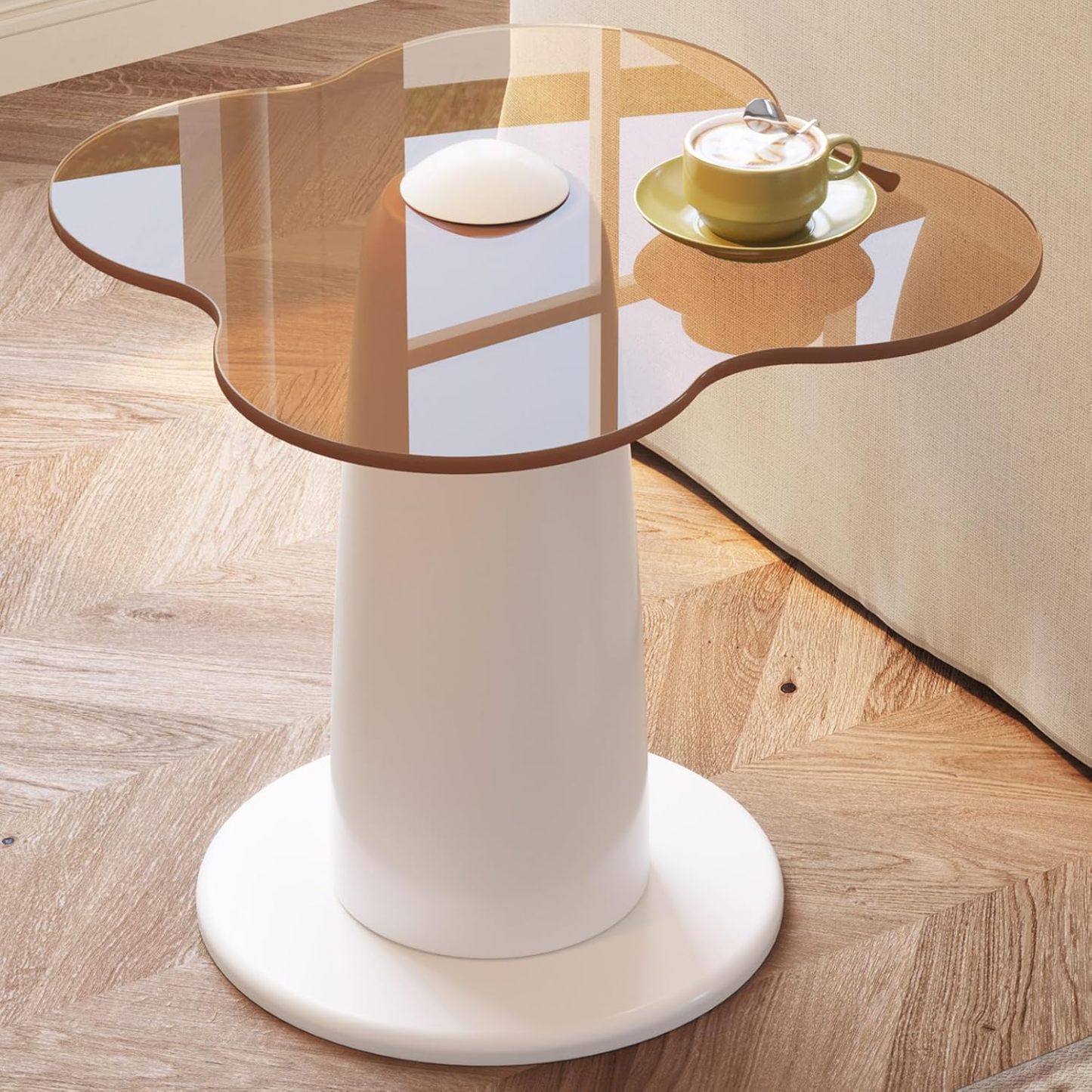 Compact Brown Glass Coffee Table, Brown Tempered Glass End Table, Modern Coffee Table with White Stable Pedestal