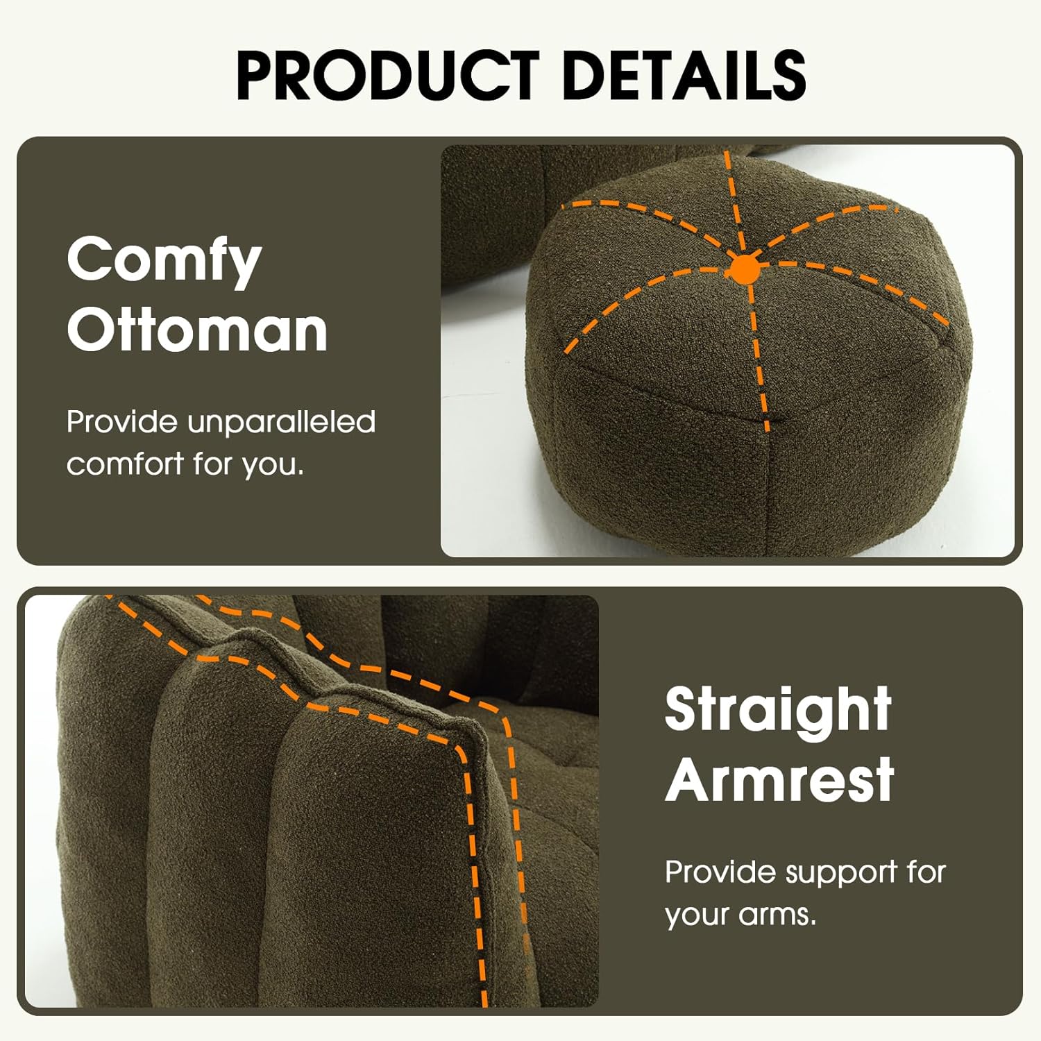 Bean Bag Chair, Teddy Upholstered Bean Bag Sofa with Round Ottoman, Stuffed Bean Bag Couch with Petal Backrest