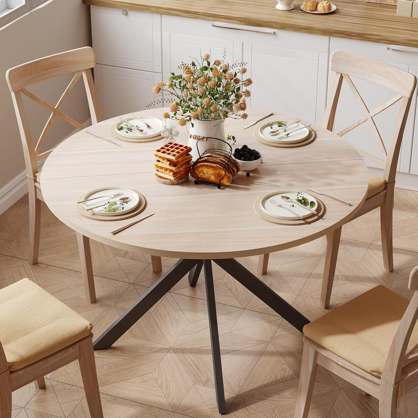 47.2 Inch Round Dining Table for 4, Wood Kitchen Table, Round Dinner Table