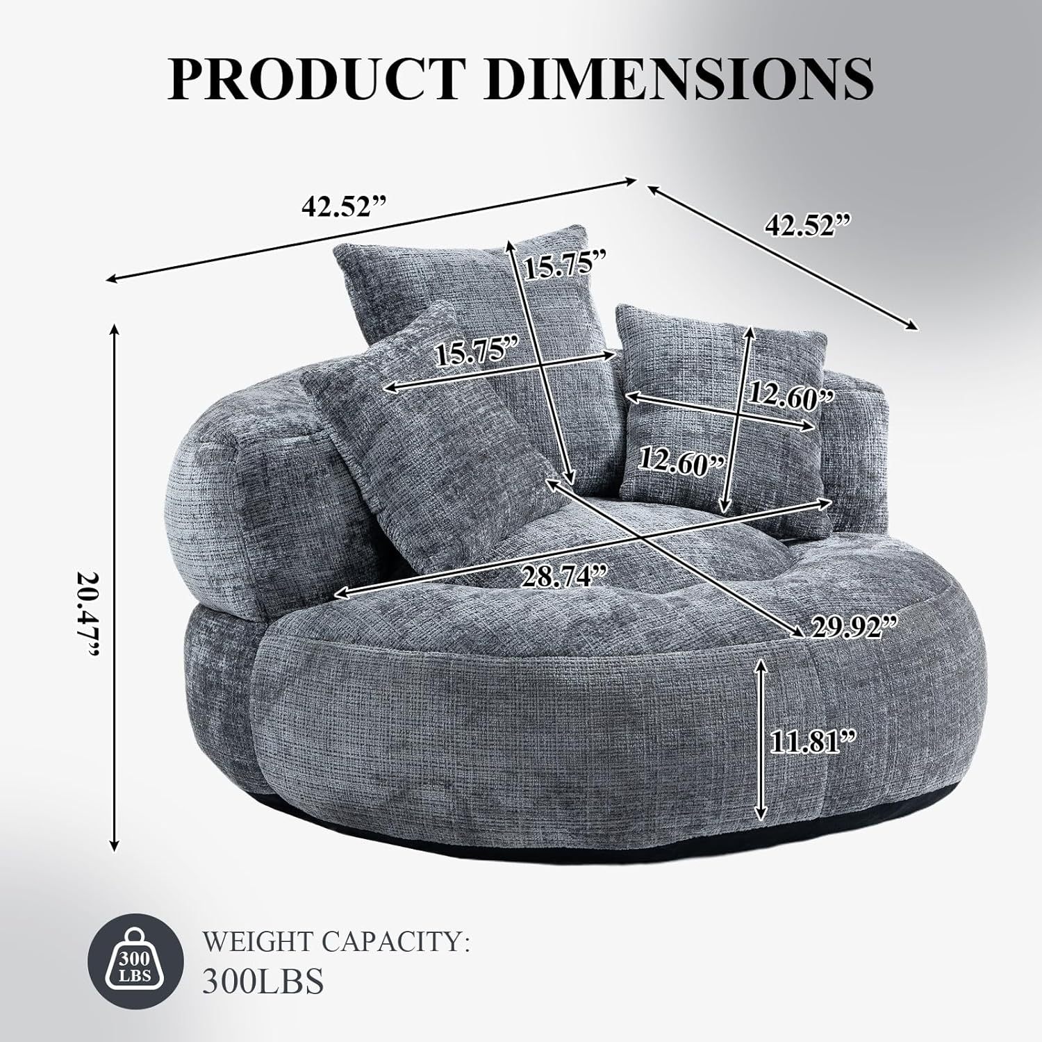 Round Bean Bag Chair for Adult, Chenille Upholstered Bean Bag Sofa with Pillows, Giant Bean Bag Couch