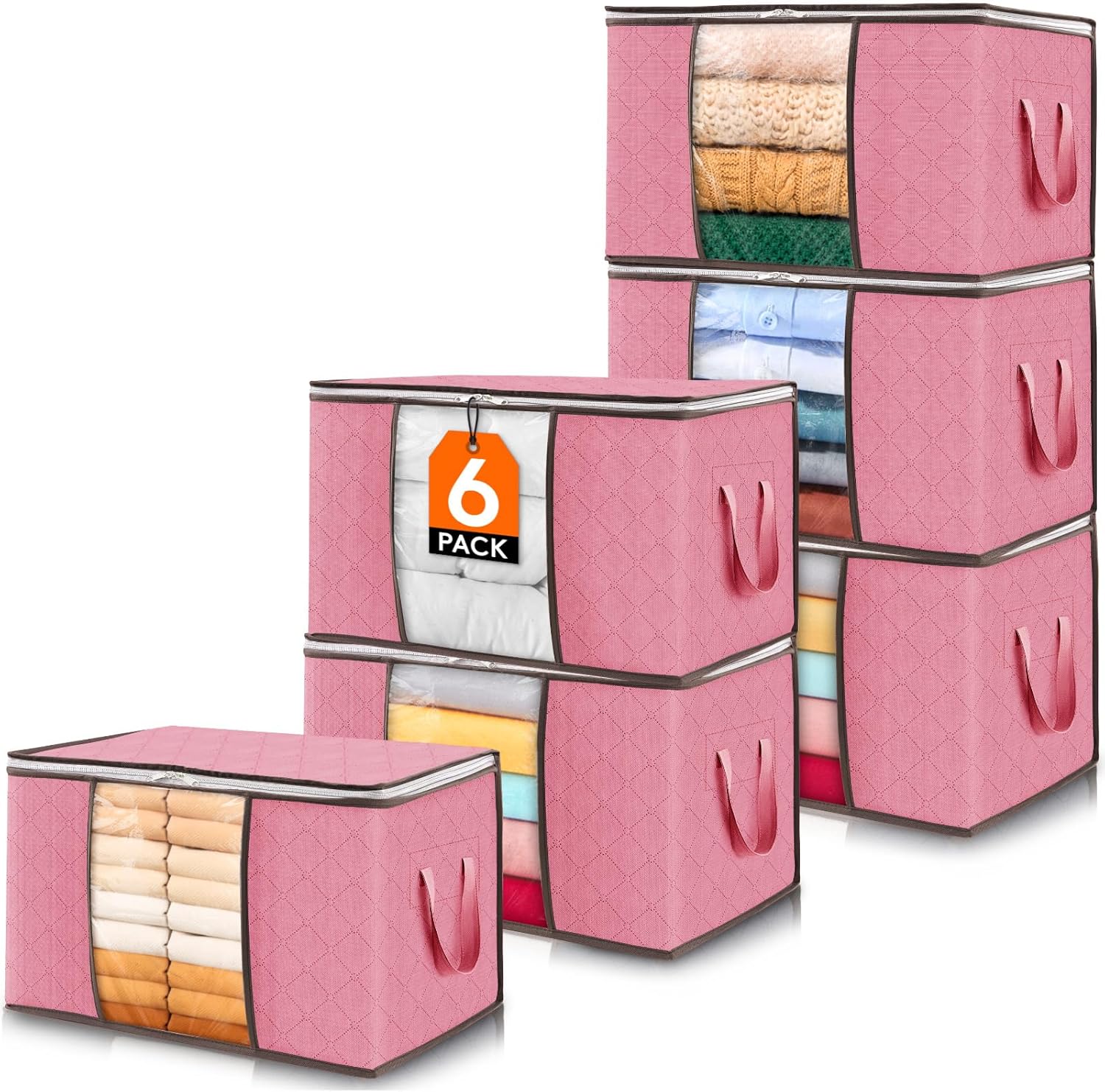 6 Pack Clothes Storage, Foldable Storage and Organization, Storage Bins with Lids, Blanket Storage with Clear Window