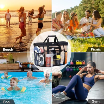 Mesh Beach Bags for Women, Large Travel Tote bags with Zipper and Pockets, Lightweight Shower Caddy