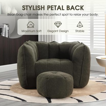 Bean Bag Chair, Teddy Upholstered Bean Bag Sofa with Round Ottoman, Stuffed Bean Bag Couch with Petal Backrest