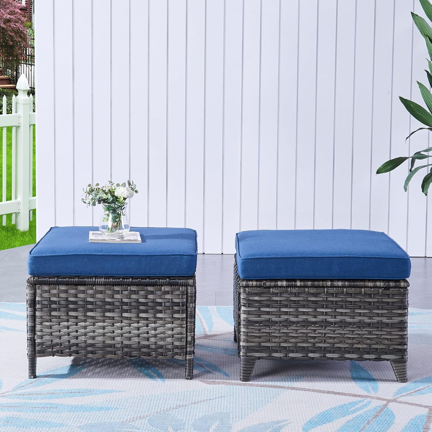 Outdoor Ottomans for Patio Set of 2 PE Wicker Steel Frame Outdoor Foot