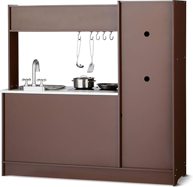 Kids Upright Wooden Kitchen Toy Playset with Stove, Oven, Sink, Fridge and Accessories