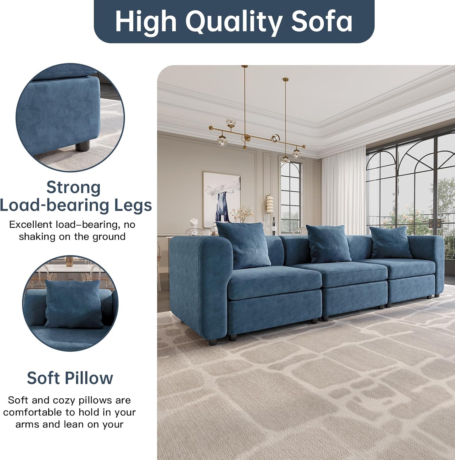 81.88" Blue Loveseat Sofa, Extra Width Sectional Sleeper Sofa with Armrest, Modular Sectional Sofa with Cushion and Removable Back Cushion