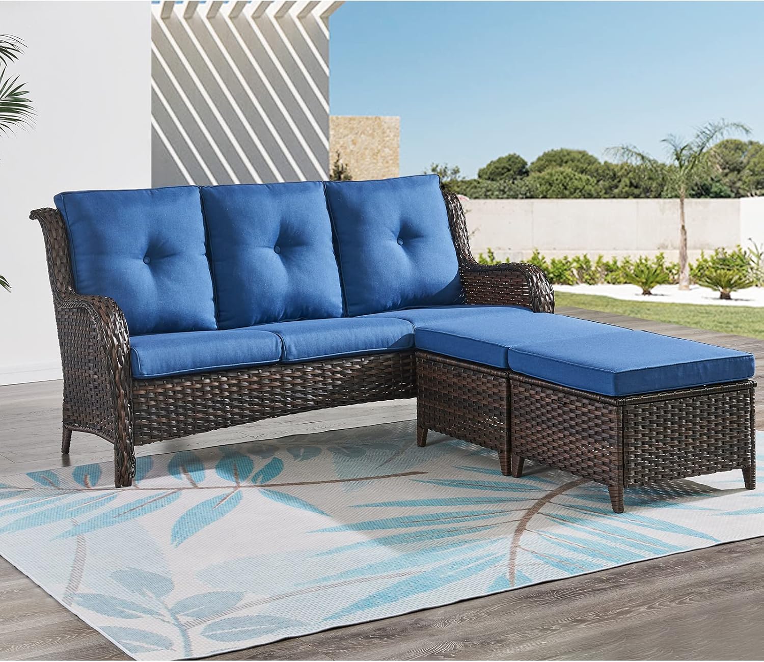 3 Piece Patio Furniture Set All Weather Wicker Outdoor Sectional Sofa Manual Weaving Rattan High Curved Back Patio Couch with Ottomans