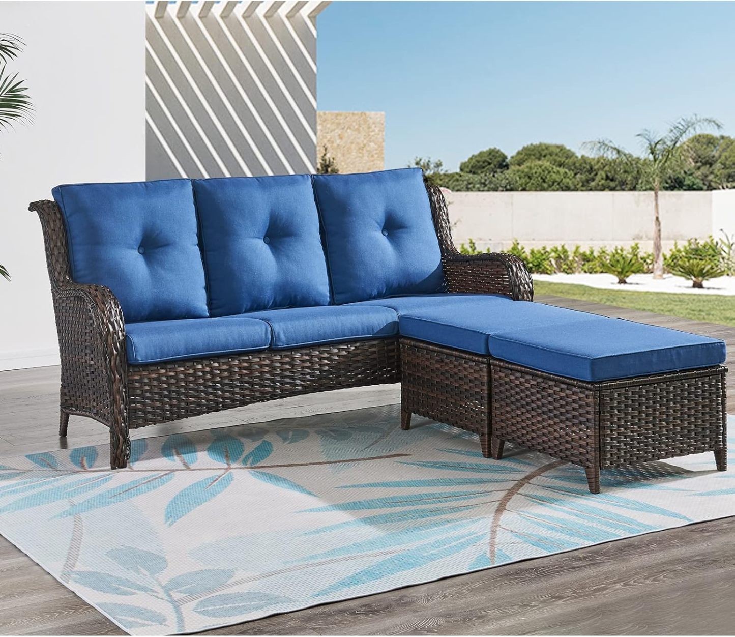 3 Piece Patio Furniture Set All Weather Wicker Outdoor Sectional Sofa Manual Weaving Rattan High Curved Back Patio Couch with Ottomans