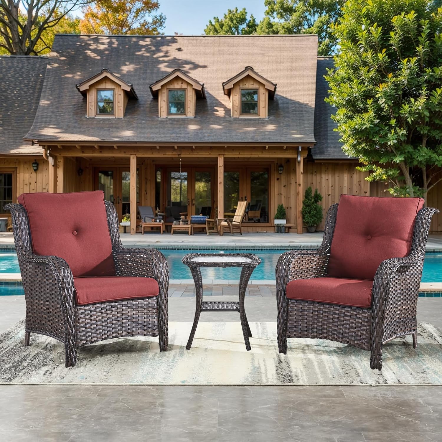 3 Pieces Patio Bistro Set Wicker Patio Chairs Set of 2 with Tempered Glass Top Side Table Rattan Outdoor Furniture Conversation Set