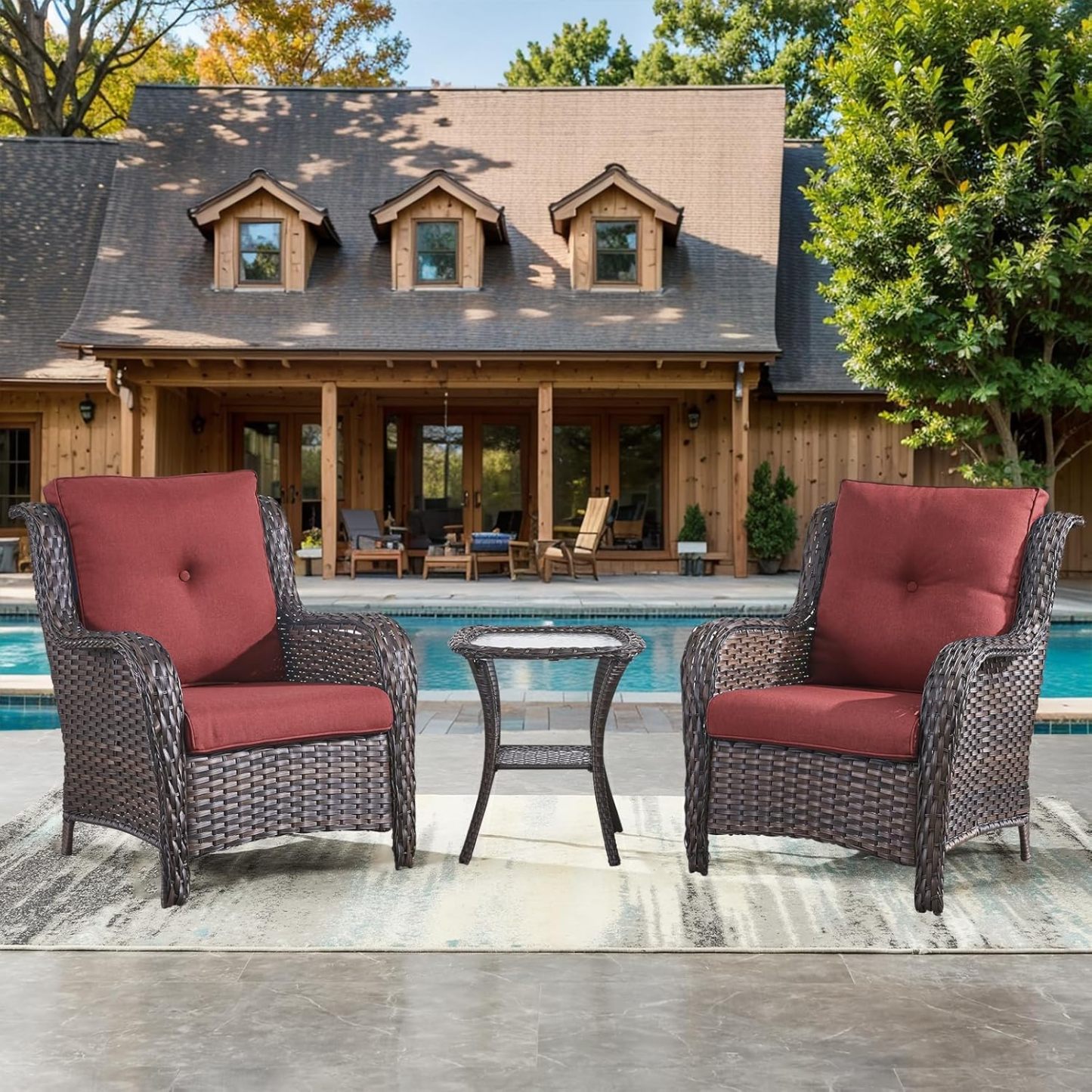 3 Pieces Patio Bistro Set Wicker Patio Chairs Set of 2 with Tempered Glass Top Side Table Rattan Outdoor Furniture Conversation Set