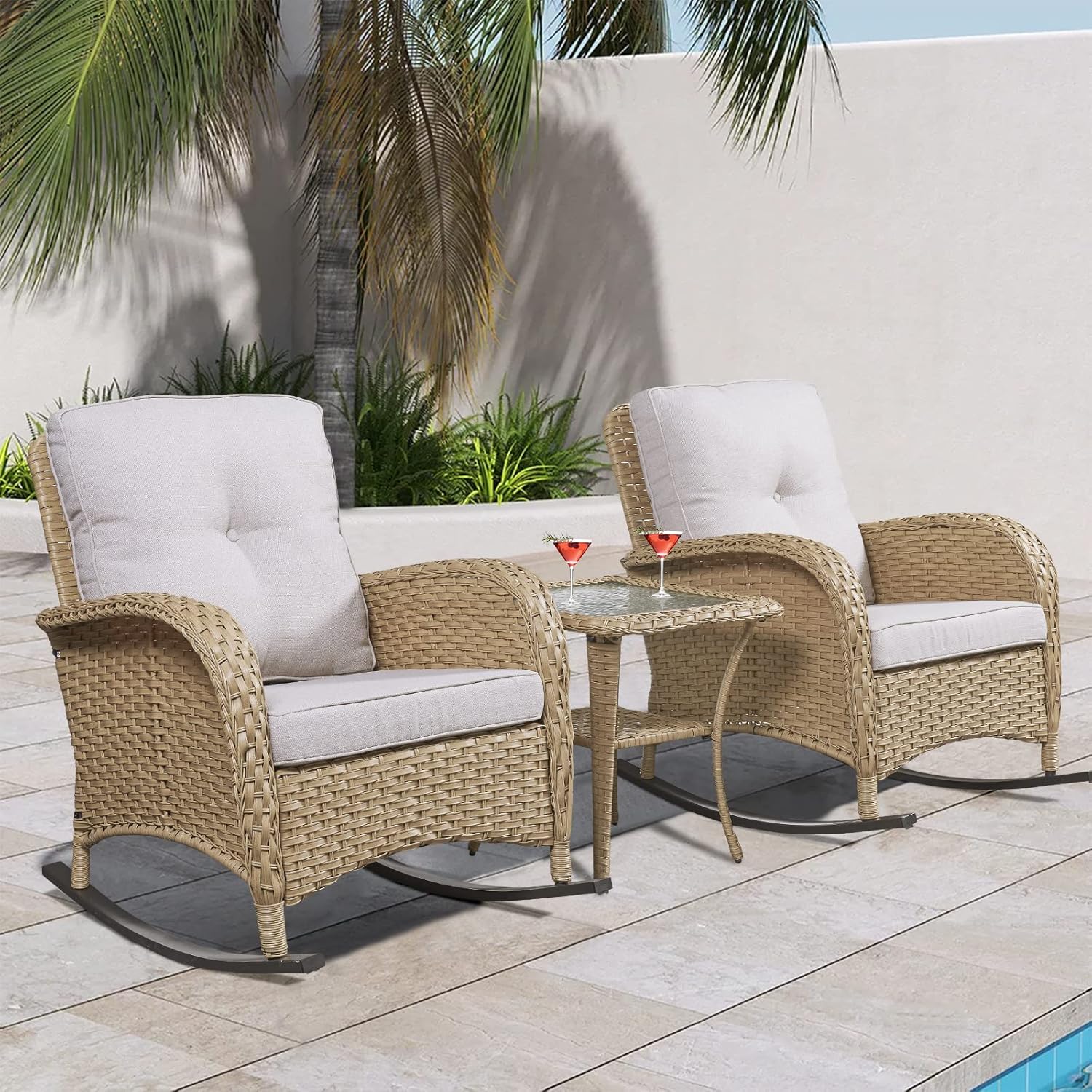 Patio Wicker Rocking Chairs Set of 2 Rattan Outdoor Rocking Chairs for Front Porch Garden Backyard Lawn Balcony Weather Rocker Chair with Side Table