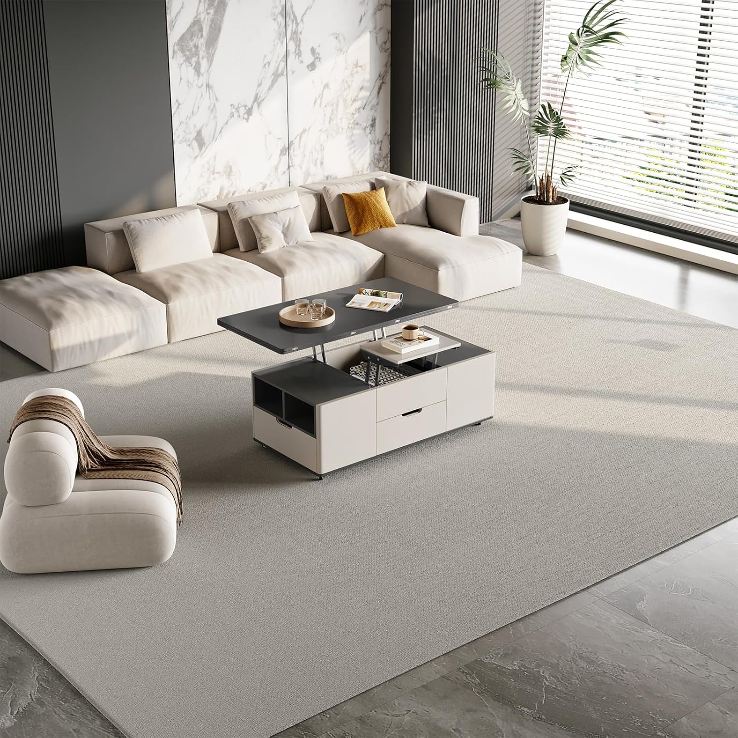 Lift Top Coffee Table with 2 Seats Set, Faux Marble Print Top Coffee Table with Movable Wheels,Convertible to Dining Table