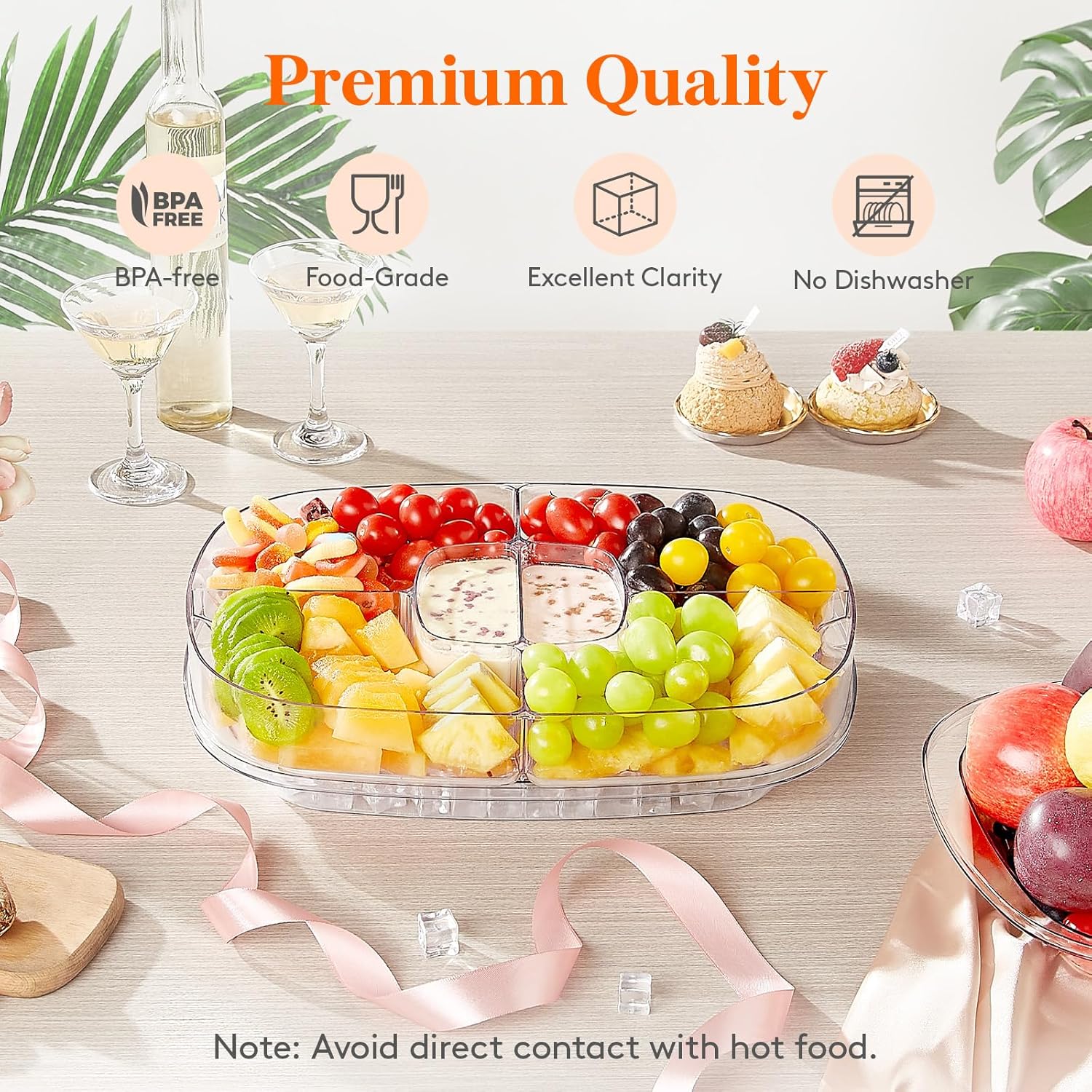 Chilled Serving Tray with Lid, 15" Shrimp Cocktail Platter with 6 Compartments, Divided Serving Bowl