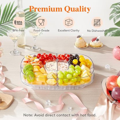 Chilled Serving Tray with Lid, 15" Shrimp Cocktail Platter with 6 Compartments, Divided Serving Bowl