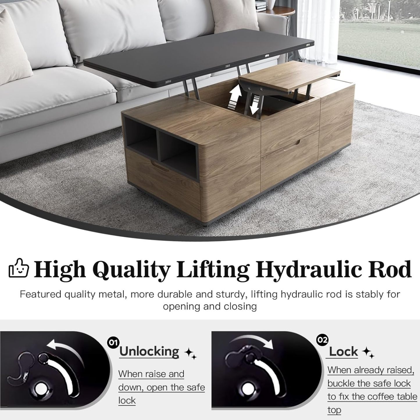 3 in 1 Functional Coffee Table, 47" Brown Lift Top Coffee Table with 4 Stools Underneath, Movable Wheel
