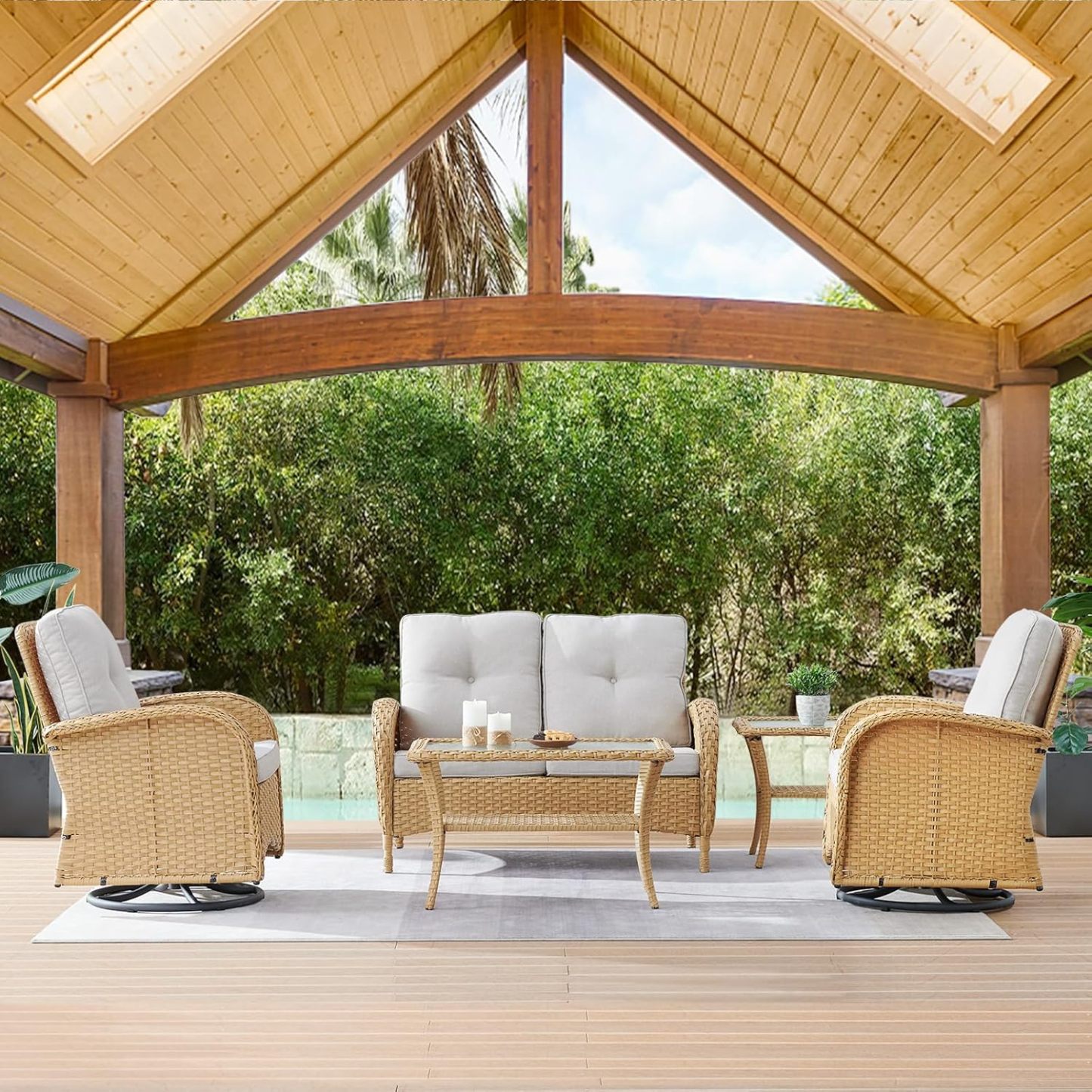 5-Piece Patio Furniture Wicker Outdoor Conversation Set,All-Weather Rattan Swivel Chairs Bistro Set with Loveseat Coffee Table for Backyard