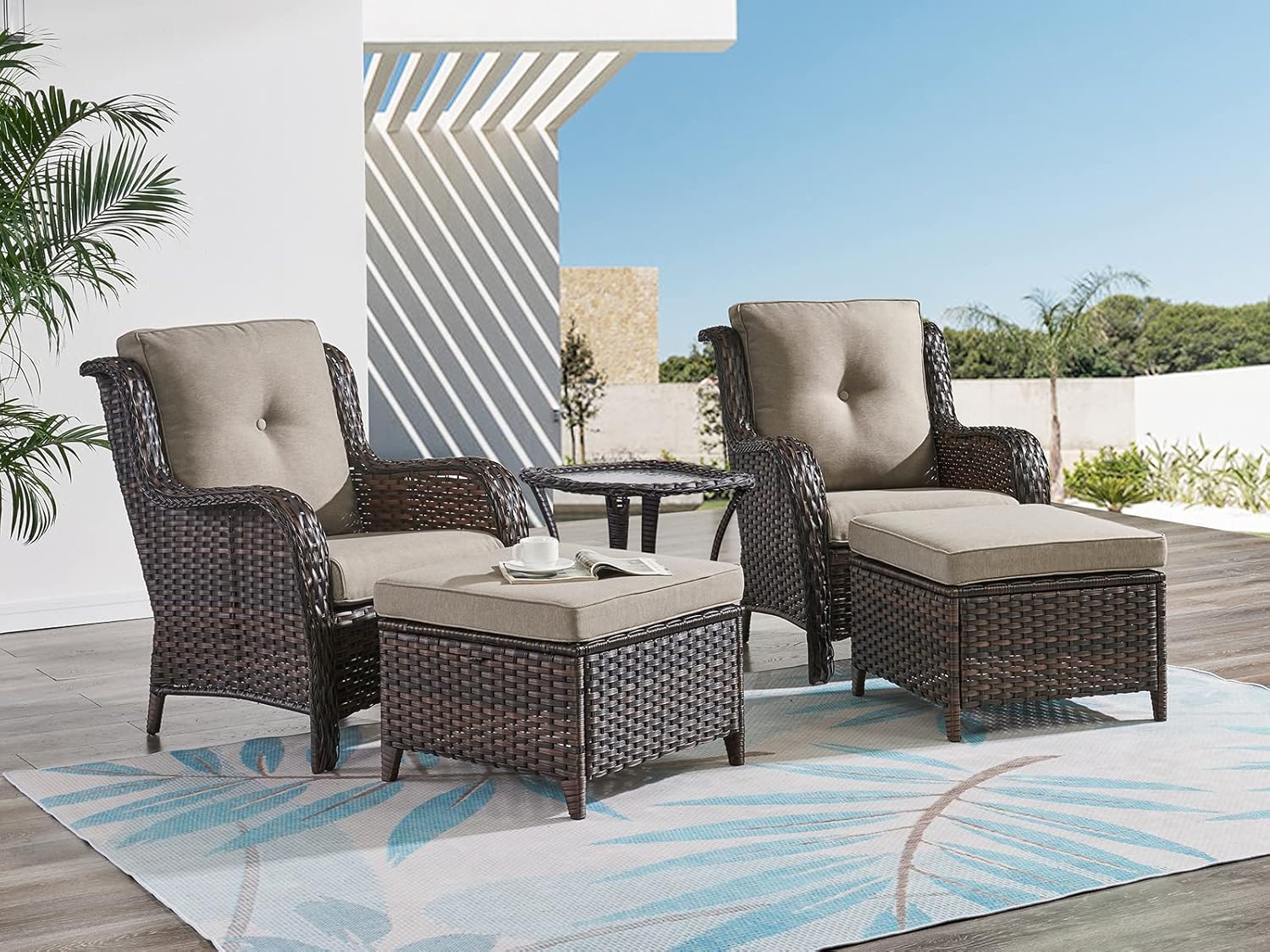 5 Pieces Patio Bistro Set Wicker Patio Chairs Set of 2 with Ottomans and Side Table Rattan Outdoor Furniture
