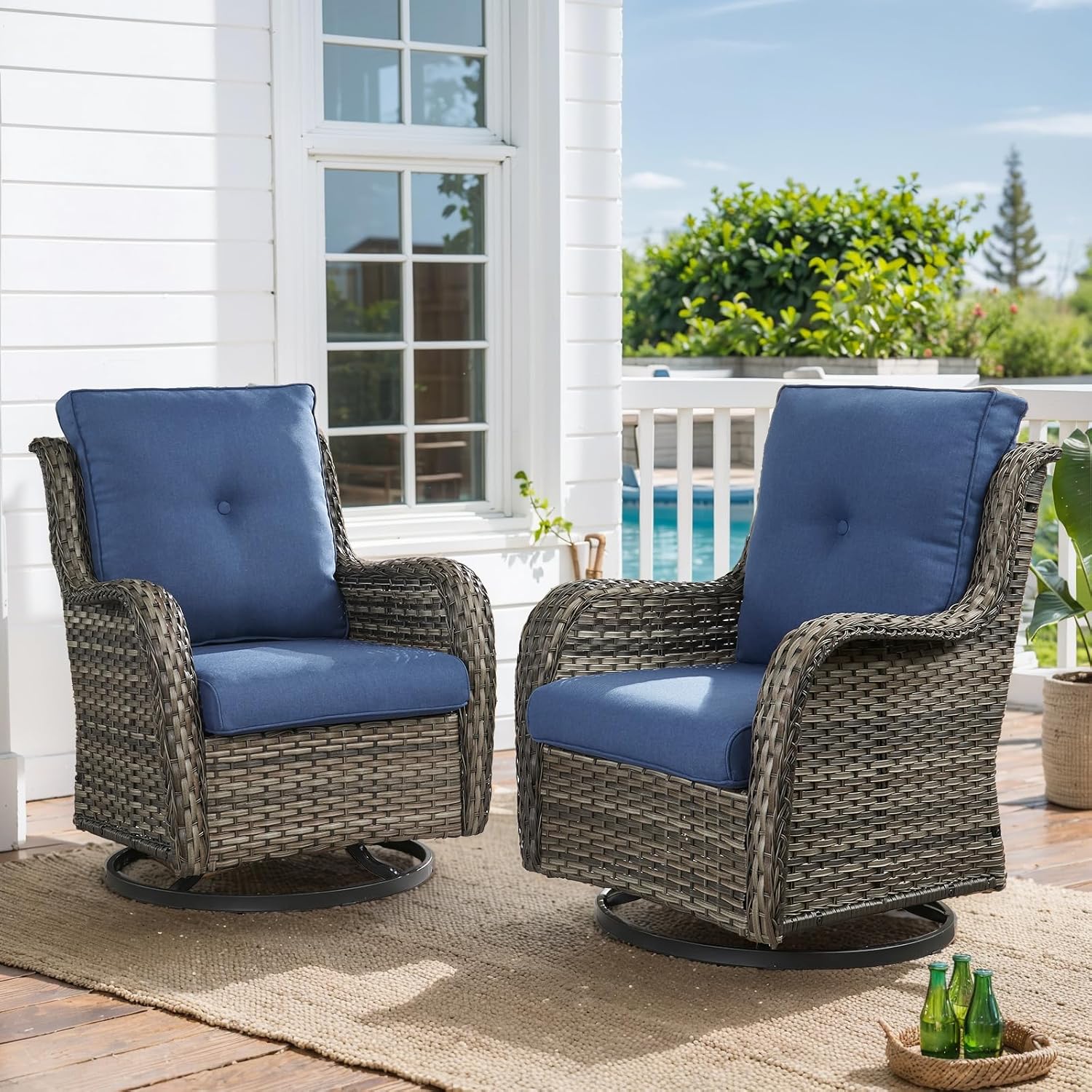 5 Piece Outdoor Patio Furniture Set Wicker Conversation Bistro Set Swivel Rocking Chairs with Side Table and Ottomans