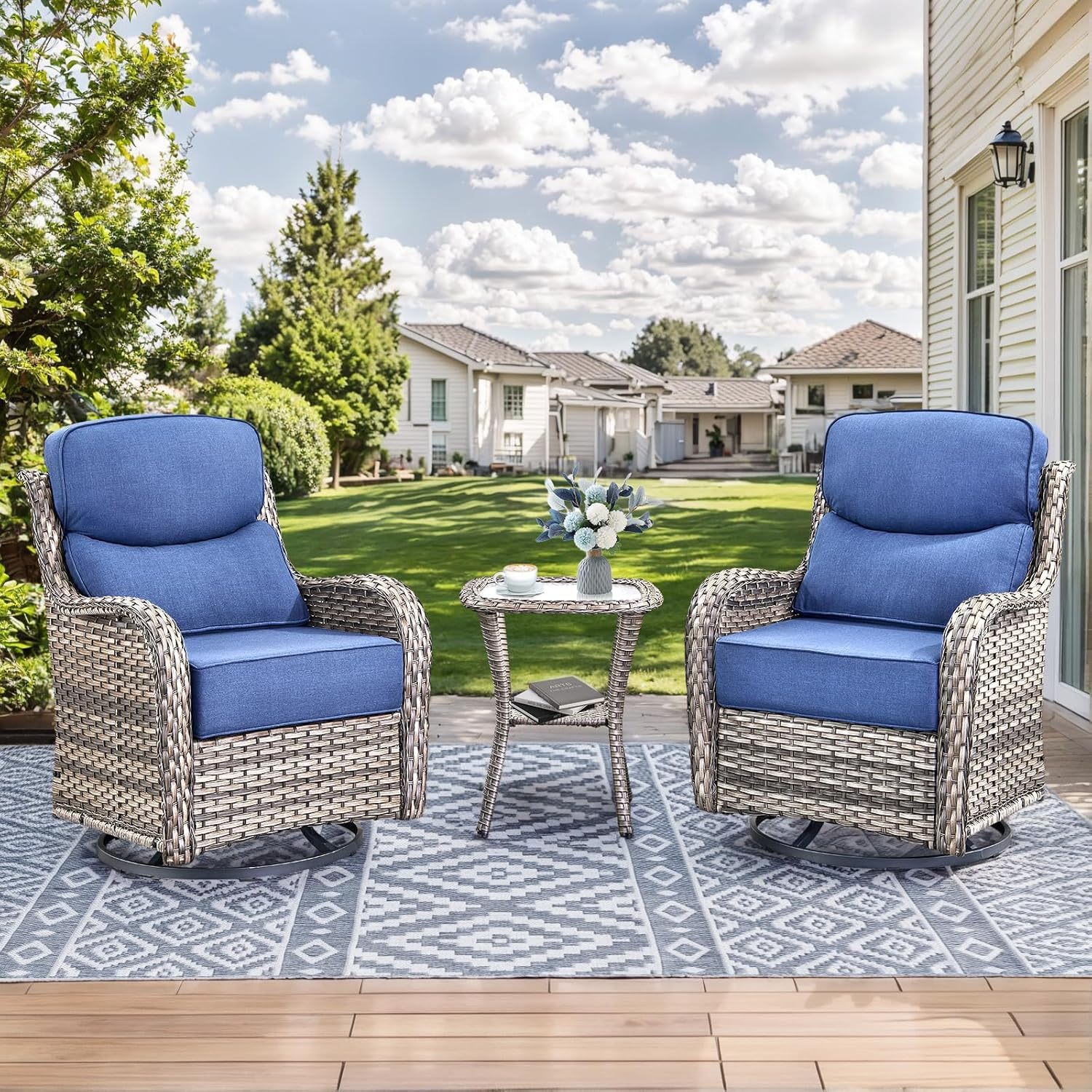 Outdoor Patio Wicker Swivel Rocker Chairs with 6-Inch Thick Cushion High Back 3 PCS
