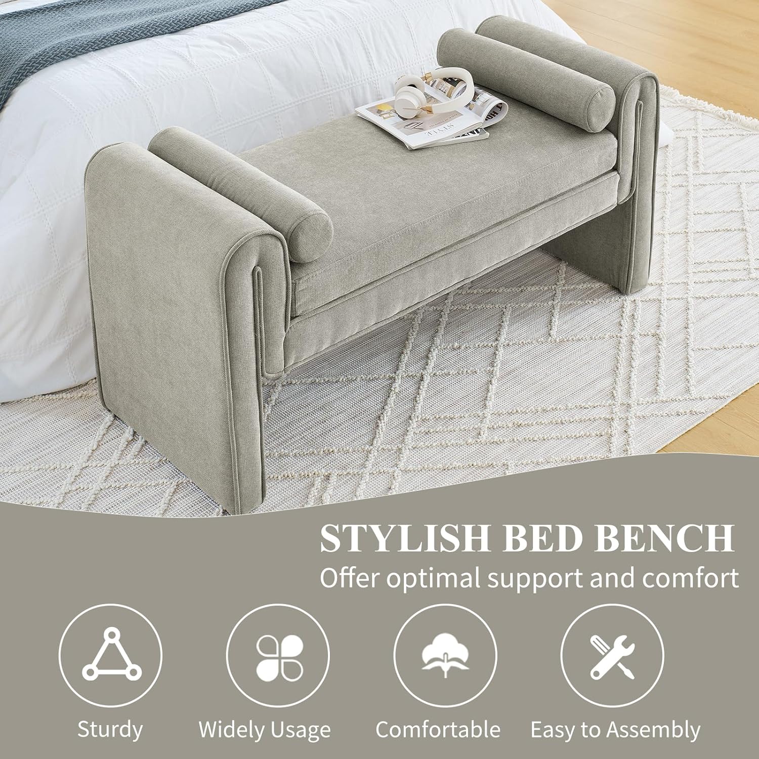 50" W Ottoman Bench for Small Space, Linen Upholstered Ottoman Bench with Thick Cushion