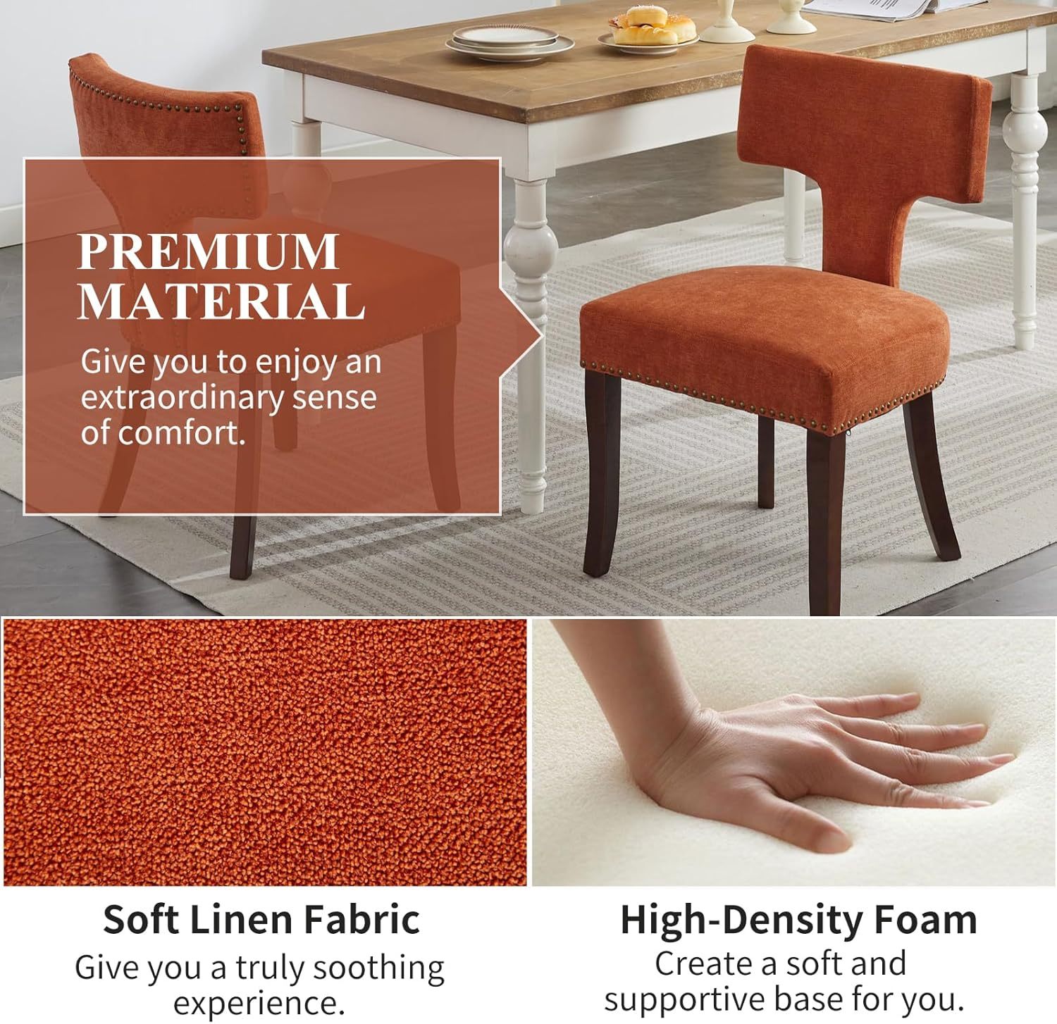 Mid Century Dining Chairs Set of 2, Linen Upholstered Side Chairs with Nailhead Trim, Leisure Accent Chairs