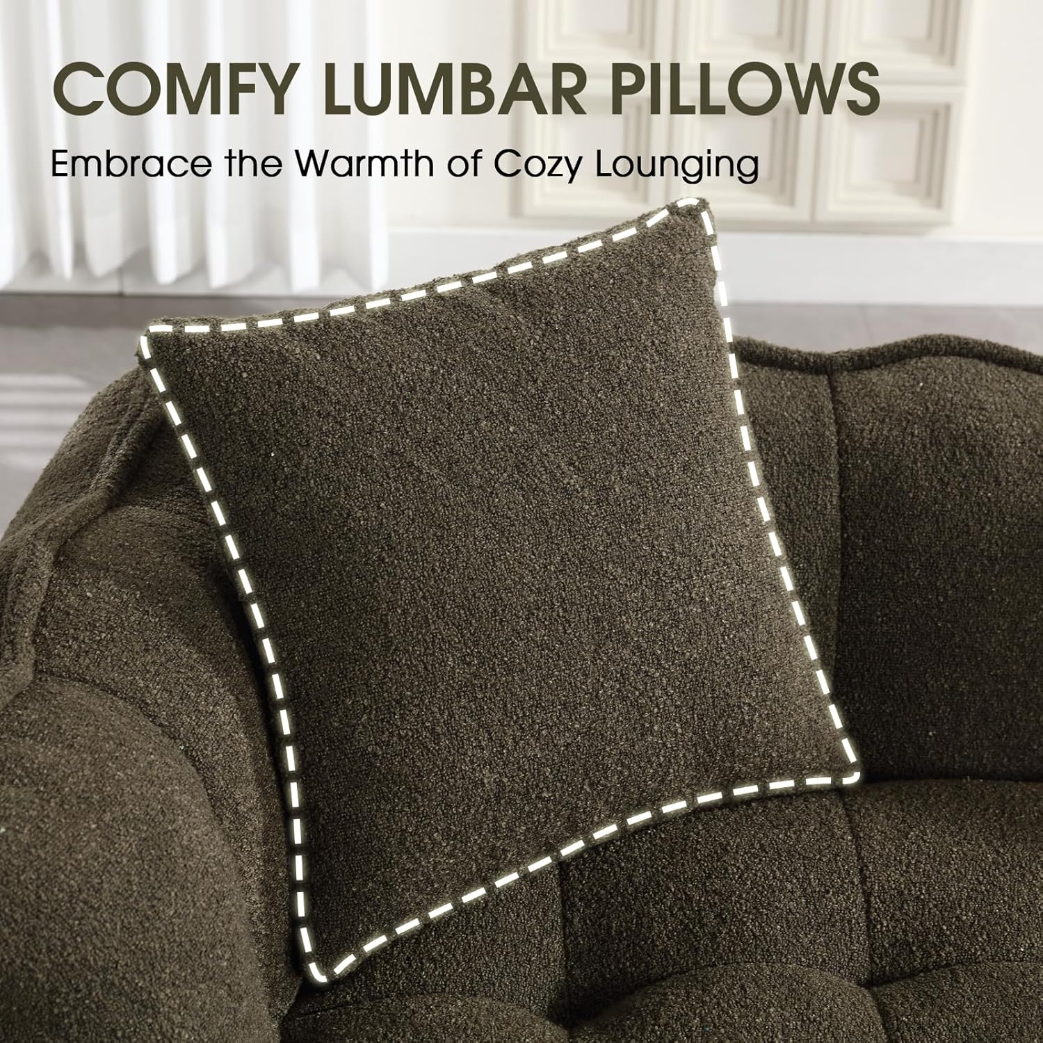 Giant Bean Bag Sofa Chair, Teddy Upholstered Bean Bag Couch with Petal Backrest, Tufted Lazy Sofa with Two Pillows