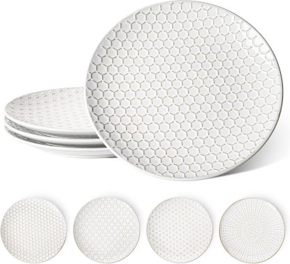 Dinner Plates 10 Inch, Ceramic Dish Set for Kitchen, Embossed Serving Dish, Microwave Oven Dishwasher Safe, For Housewarming or Wedding - Set of 4, Arctic white