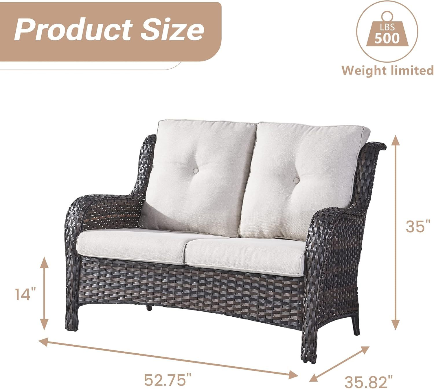 Outdoor Loveseat Sofa 2-Seat PE Rattan Patio Love Seat with Cushions,Deep Seat High Curved Back Armset Sectional Couch for Patio,Garden,Yard,Porch