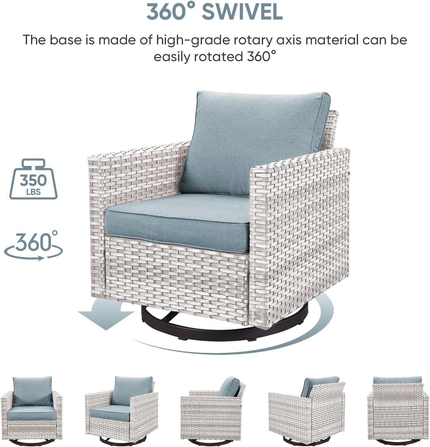 3-Piece Patio Swivel Chairs,PE Wicker Outdoor Rocking Chairs Bistro Set with Side Table Porch Balcony Furniture with Cushions